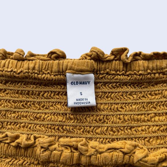 Old Navy linen-blend smocked peplum puff sleeve top S mustard square neck - Picture 3 of 5